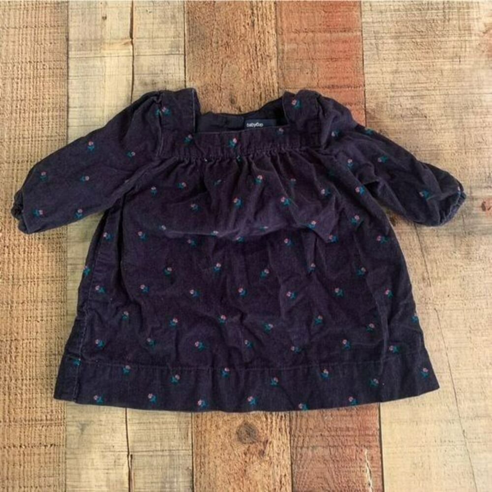 Gap baby girls navy blue long sleeve corduroy dress with pink flowers -0/3M